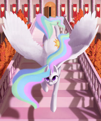 Size: 4321x5200 | Tagged: safe, artist:lunebat, princess celestia, alicorn, pony, absurd resolution, banner, both cutie marks, castle, commission, door, flag, jumping, looking at you, morning, plot, solo, spread wings, staircase, stairs, tree, wings