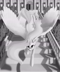 Size: 4321x5200 | Tagged: safe, alternate version, artist:lunebat, princess celestia, alicorn, pony, absurd resolution, banner, black and white, both cutie marks, castle, commission, door, female, flag, grayscale, horn, jumping, monochrome, morning, plot, solo, staircase, stairs, tree, wings