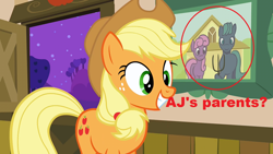 Size: 1280x720 | Tagged: safe, edit, edited screencap, screencap, applejack, earth pony, pony, american gothic, applejack's parents, circled, female, grin, hilarious in hindsight, jossed, mare, op is a slowpoke, painting, parent, picture, smiling, squee