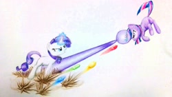 Size: 4320x2432 | Tagged: safe, artist:dynamiclines, derpibooru import, rarity, twilight sparkle, pony, unicorn, magic duel, blank flank, gem, magic, traditional art