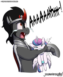 Size: 839x1024 | Tagged: safe, artist:jcosneverexisted, derpibooru import, king sombra, princess flurry heart, alicorn, pony, unicorn, season 9 doodles, the beginning of the end, aaaaaaaaaa, baby, bipedal, biting, crying, curved horn, diaper, fangs, female, floppy ears, foal, frown, glare, hanging, hoof shoes, horn, male, mismatched eyes, open mouth, patreon, screaming, simple background, spread wings, stallion, tears of pain, white background, wide eyes, wings