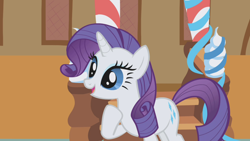 Size: 1280x720 | Tagged: safe, screencap, rarity, pony, unicorn, griffon the brush off, cute, female, mare, open mouth, raised hoof, raribetes, smiling, solo, sugarcube corner