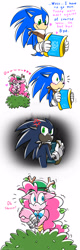 Size: 800x2500 | Tagged: safe, artist:hoshinousagi, pinkie pie, anthro, :3, amy rose, blushing, camouflage, caught, cross-popping veins, crossover, cute, dark sonic, heart, shipper on deck, sonamy, sonic boom, sonic the hedgehog, sonic the hedgehog (series), sonicified, spying