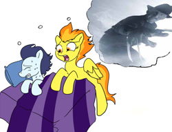 Size: 776x592 | Tagged: safe, derpibooru import, soarin', spitfire, pegasus, pony, female, freddy krueger, male, mare, nightmare, scared, sleeping, stallion, worried