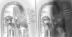 Size: 1251x651 | Tagged: safe, artist:alloyrabbit, derpibooru import, fluttershy, twilight sparkle, oc, oc:sequoia, pegasus, pony, dialogue, door, grayscale, monochrome, shadow