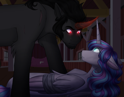 Size: 2800x2200 | Tagged: safe, artist:purplegrim40, derpibooru import, king sombra, princess flurry heart, alicorn, pony, unicorn, bandage, female, glowing eyes, looking at each other, older, older flurry heart