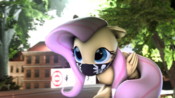 Size: 3840x2159 | Tagged: safe, artist:doge4ce, fluttershy, pegasus, pony, 3d, building, mask, solo, source filmmaker, tree