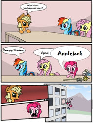 Size: 682x891 | Tagged: safe, derpibooru import, applejack, fluttershy, pinkie pie, rainbow dash, earth pony, pegasus, pony, background pony applejack, defenestration, employer meme, exploitable meme, female, mare, meme, ponified meme