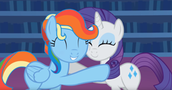 Size: 1394x728 | Tagged: safe, artist:agrol, derpibooru import, screencap, rainbow dash, rarity, pegasus, pony, unicorn, alternate hairstyle, cute, dashabetes, eyes closed, happy, hug, let's switch bodies, raribetes