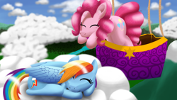 Size: 1920x1080 | Tagged: safe, artist:stellardust, derpibooru exclusive, derpibooru import, pinkie pie, rainbow dash, earth pony, pegasus, pony, cloud, cute, duo, female, floppy ears, hot air balloon, jumping, mare, sleeping