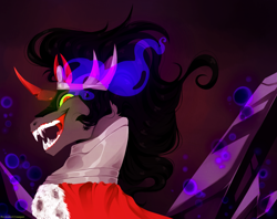 Size: 2503x1987 | Tagged: safe, artist:polkadot-creeper, derpibooru import, king sombra, pony, unicorn, bust, curved horn, fangs, horn, male, smiling, solo, sombra eyes, stallion