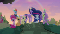 Size: 1920x1080 | Tagged: safe, derpibooru import, screencap, applejack, fluttershy, pinkie pie, princess twilight 2.0, rainbow dash, rarity, spike, twilight sparkle, twilight sparkle (alicorn), alicorn, dragon, earth pony, pegasus, pony, unicorn, the last problem, gigachad spike, mane seven, mane six, older, older applejack, older fluttershy, older pinkie pie, older rainbow dash, older rarity, older spike, older twilight, winged spike