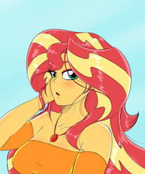 Size: 2500x3000 | Tagged: safe, artist:albertbm, sunset shimmer, better together, equestria girls, bare shoulders, blue background, bust, cute, geode of empathy, looking at you, magical geodes, open mouth, shimmerbetes, simple background, solo