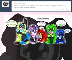 Size: 3001x2500 | Tagged: safe, artist:blackbewhite2k7, pinkie pie, earth pony, pony, alternate color palette, alternate costumes, alternate hairstyle, anger (inside out), ask, assault on arkham, batman, batman: the brave and the bold, crossover, disgust (inside out), emotions, fear (inside out), harley quinn, harley's revenge, inside out, joy (inside out), parody, pinkamena diane pie, pixar, sadness (inside out), the batman, tumblr, tumblr comic