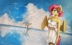 Size: 2000x1250 | Tagged: safe, artist:rain-gear, fluttershy, anthro, pegasus, alternate hairstyle, blushing, clothes, cloud, cloudy, dress, female, heart, mare, reflection, sky, smiling, solo, swing, tree, water