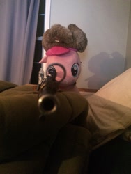 Size: 1224x1632 | Tagged: safe, pinkie pie, earth pony, pony, /k/, aurora, female, gun, hooves, irl, looking at you, mare, mosin nagant, photo, plushie, rifle, sniper rifle, solo, weapon