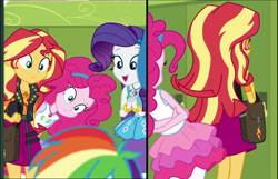 Size: 1663x1073 | Tagged: safe, screencap, pinkie pie, rainbow dash, rarity, sunset shimmer, equestria girls, equestria girls series, sock it to me, spoiler:choose your own ending (season 2), spoiler:eqg series (season 2), comparison, flexible, geode of empathy, geode of shielding, geode of sugar bombs, magical geodes, pinkie being pinkie, pinkie physics