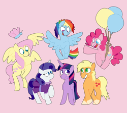 Size: 1280x1148 | Tagged: safe, artist:lynmunn, derpibooru import, applejack, fluttershy, pinkie pie, rainbow dash, rarity, twilight sparkle, twilight sparkle (alicorn), alicorn, butterfly, earth pony, pegasus, pony, unicorn, balloon, floating, happy, mane six, rope, simple background, then watch her balloons lift her up to the sky