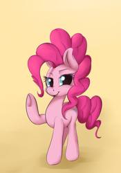 Size: 1280x1827 | Tagged: safe, artist:sourspot, pinkie pie, earth pony, pony, female, looking at you, mare, raised hoof, simple background, solo, yellow background