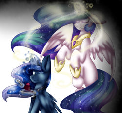 Size: 3250x3000 | Tagged: safe, artist:fernwolfstar, princess celestia, princess luna, alicorn, pony, cake, floppy ears, food, fork, gritted teeth, magic, rearing, spread wings, telekinesis, this will end in tears and/or a journey to the moon