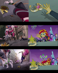 Size: 922x1164 | Tagged: safe, edit, screencap, applejack, fluttershy, pinkie pie, rainbow dash, rarity, spike, sunset shimmer, twilight sparkle, dog, equestria girls, equestria girls (movie), arrow, big crown thingy, bruno bucciarati, comparison, diavolo, element of magic, giorno giovanna, golden wind, guido mista, horse statue, humane five, jewelry, jojo's bizarre adventure, king crimson, regalia, spike the dog, spoilers for another series, trish una, vento aureo