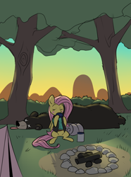 Size: 714x959 | Tagged: safe, artist:metal-kitty, fluttershy, bear, pegasus, pony, blushing, camping, crossover, dead, female, fireplace, forest, mare, sitting, snipershy, team fortress 2, tent, tongue out, tree, x eyes