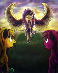 Size: 4178x5254 | Tagged: safe, artist:wildy71090, fluttershy, oc, oc:megnii, oc:spesci, pegasus, pony, fanfic:the powers of harmony, absurd resolution, eyes closed, fanfic art, large wings, shocked