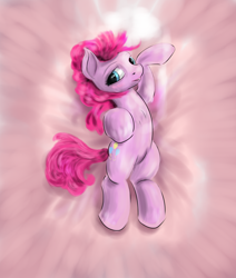 Size: 2112x2496 | Tagged: safe, artist:kwendynew, pinkie pie, earth pony, pony, looking at you, on back, solo