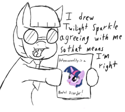 Size: 914x824 | Tagged: safe, artist:0particle, derpibooru import, twilight sparkle, pony, unicorn, dialogue, featured on derpibooru, generic pony, glasses, hoof hold, lineart, meta, mouthpiece, necktie, op started shit, open mouth, smiling, social justice warrior, tongue out