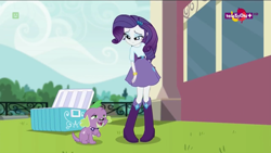 Size: 1366x768 | Tagged: safe, screencap, rarity, spike, spike the regular dog, dog, dance magic, equestria girls, spoiler:eqg specials, ble, boots, bracelet, clothes, cooler, female, fence, high heel boots, jewelry, male, mountain, paws, sad, skirt, spoiler, tree