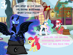 Size: 1024x768 | Tagged: safe, artist:bronybyexception, apple bloom, big macintosh, nightmare moon, princess celestia, alicorn, earth pony, pony, spider, ursa minor, advent calendar, christmas, clothes, confused, costume, hat, male, nightmare night, present, santa costume, santa hat, santa hooves, stallion, the nightmare before christmas