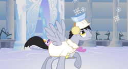 Size: 1099x597 | Tagged: safe, screencap, applejack, felix, parasol, twilight sparkle, pegasus, pony, sonic rainboom (episode), background pony, race swap, snow, snowflake, weather factory uniform