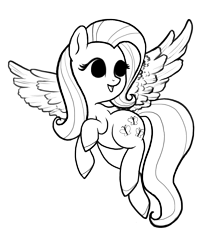 Size: 1214x1377 | Tagged: safe, artist:mcponyponypony, fluttershy, pegasus, pony, color challenge, color me, flying, lineart, monochrome, solo