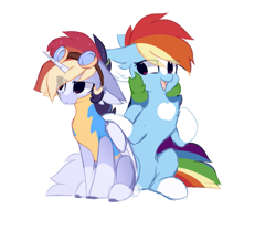 Size: 1149x957 | Tagged: safe, artist:little-sketches, derpibooru import, rainbow dash, oc, oc:nao, alicorn, pegasus, pony, alicorn oc, alternate design, blaze (coat marking), clothes, ear fluff, eye clipping through hair, female, goggles, magical lesbian spawn, mother and child, mother and daughter, offspring, parent and child, parent:rainbow dash, parent:twilight sparkle, parents:twidash, rainbow hair, simple background, socks (coat marking), uniform, white background, wonderbolt trainee uniform