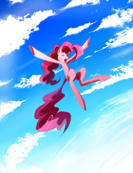 Size: 690x900 | Tagged: safe, artist:skyeypony, pinkie pie, earth pony, pony, cloud, cloudy, happy, motion blur, sky, solo