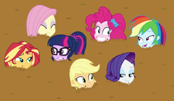 Size: 2502x1447 | Tagged: safe, anonymous artist, edit, applejack, fluttershy, pinkie pie, rainbow dash, rarity, sci-twi, sunset shimmer, twilight sparkle, a fine line, all the world's off stage, better together, camping must-haves, equestria girls, rollercoaster of friendship, text support, eyeshadow, humane five, humane seven, humane six, lidded eyes, makeup, mud, mud edit, quicksand, smiling