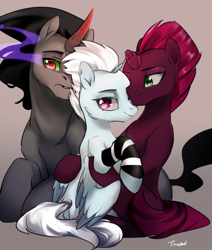 Size: 1240x1461 | Tagged: safe, artist:tingsan, derpibooru import, king sombra, tempest shadow, oc, oc:silver, pegasus, pony, antagonist, canon, canon x oc, clothes, cuddling, horn, snuggling, socks, striped socks, wings