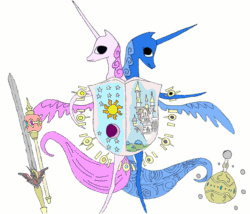 Size: 2964x2532 | Tagged: safe, artist:spiritdutch, princess celestia, princess luna, alicorn, pony, alicorn amulet, coat of arms, elements of harmony, fanfic, fanfic art, heraldry, scepter, simple background, sword, weapon, white background