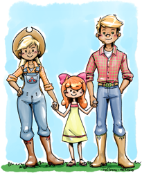 Size: 573x700 | Tagged: safe, artist:taritoons, apple bloom, applejack, big macintosh, human, apple family, apple siblings, holding hands, human coloration, humanized