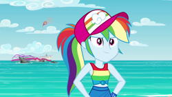 Size: 1920x1080 | Tagged: safe, derpibooru import, screencap, rainbow dash, better together, equestria girls, spring breakdown, clothes, cruise ship, geode of super speed, magical geodes, ocean, ponytail, ship, signal flare, sinking, sleeveless, solo, sunny, tanktop