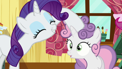 Size: 1280x720 | Tagged: safe, screencap, rarity, sweetie belle, pony, unicorn, forever filly, messy mane, noogie