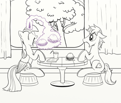 Size: 1700x1455 | Tagged: safe, artist:pony-berserker, derpibooru import, twilight sparkle, twilight sparkle (alicorn), oc, oc:harmony star, alicorn, pony, burger joint, female, hay burger, lineart, mare, that pony sure does love burgers, twilight burgkle, twimony, wip