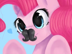 Size: 1024x768 | Tagged: safe, artist:iponylover, pinkie pie, earth pony, pony, fake moustache, moustache, solo, underhoof