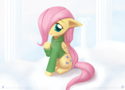 Size: 1450x1039 | Tagged: safe, artist:howxu, fluttershy, pegasus, pony, clothes, filly, hoodie, solo