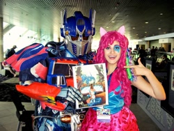 Size: 960x720 | Tagged: safe, artist:sarahndipity cosplay, idw, pinkie pie, equestria girls, rainbow rocks, bronycon, clothes, cosplay, costume, irl, optimus prime, photo, transformers