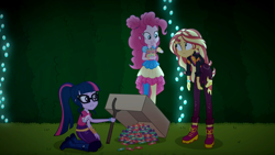 Size: 1915x1080 | Tagged: safe, screencap, pinkie pie, sci-twi, sunset shimmer, twilight sparkle, better together, equestria girls, sunset's backstage pass!, boots, box, candy, cardboard box, clothes, eating, female, food, glasses, maze, neon garden maze, ponytail, shoes, trap (device), trio, trio female