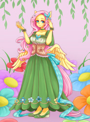 Size: 1024x1391 | Tagged: safe, artist:buryooooo, fluttershy, anthro, clothes, dress, flower, gala dress, pony coloring, smiling, solo, spread wings