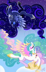 Size: 1242x1920 | Tagged: safe, artist:meastudios, princess celestia, princess luna, alicorn, pony, duo, ear piercing, earring, eyes closed, female, jewelry, lineless, mare, piercing, royal sisters, siblings, sisters, watermark