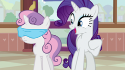 Size: 1280x720 | Tagged: safe, screencap, rarity, sweetie belle, pony, unicorn, forever filly, blindfold