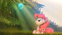 Size: 1920x1080 | Tagged: safe, artist:ferexes, pinkie pie, earth pony, pony, 3d, balloon, prone, solo, source filmmaker